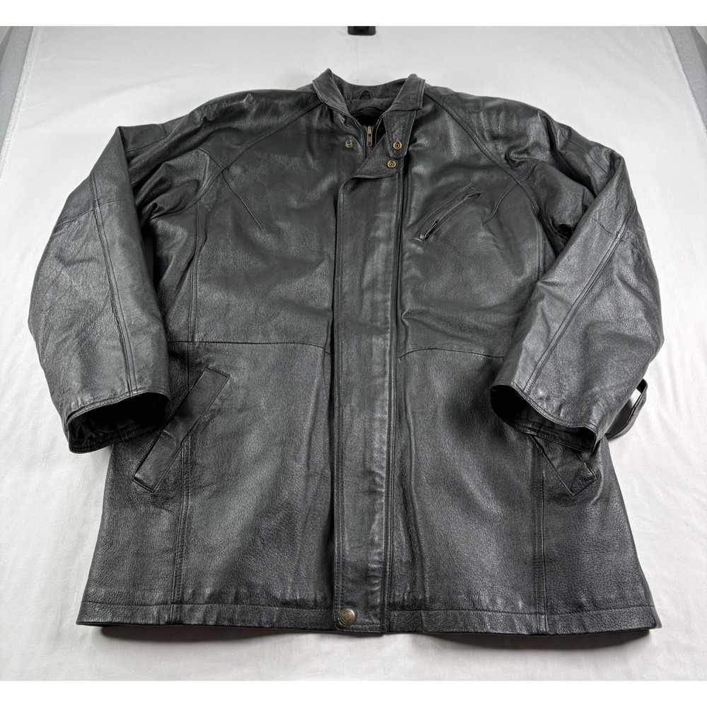 Cougar Leather Jacket‎ Mens XL Black Full Zip Biker Trench Lined